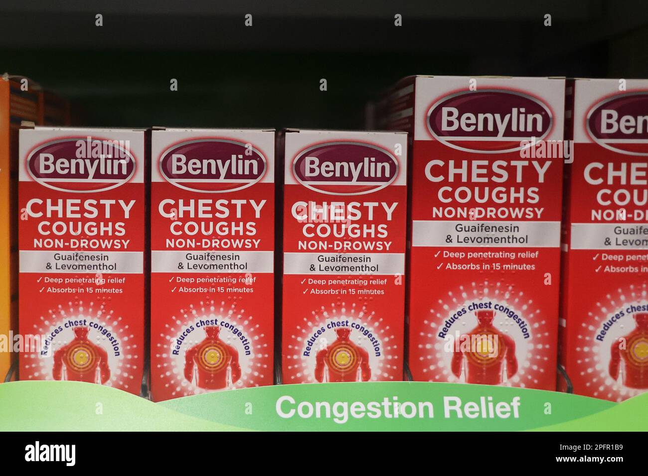 Benylin chesty cough syrup on display in a UK pharmacy Stock Photo Alamy
