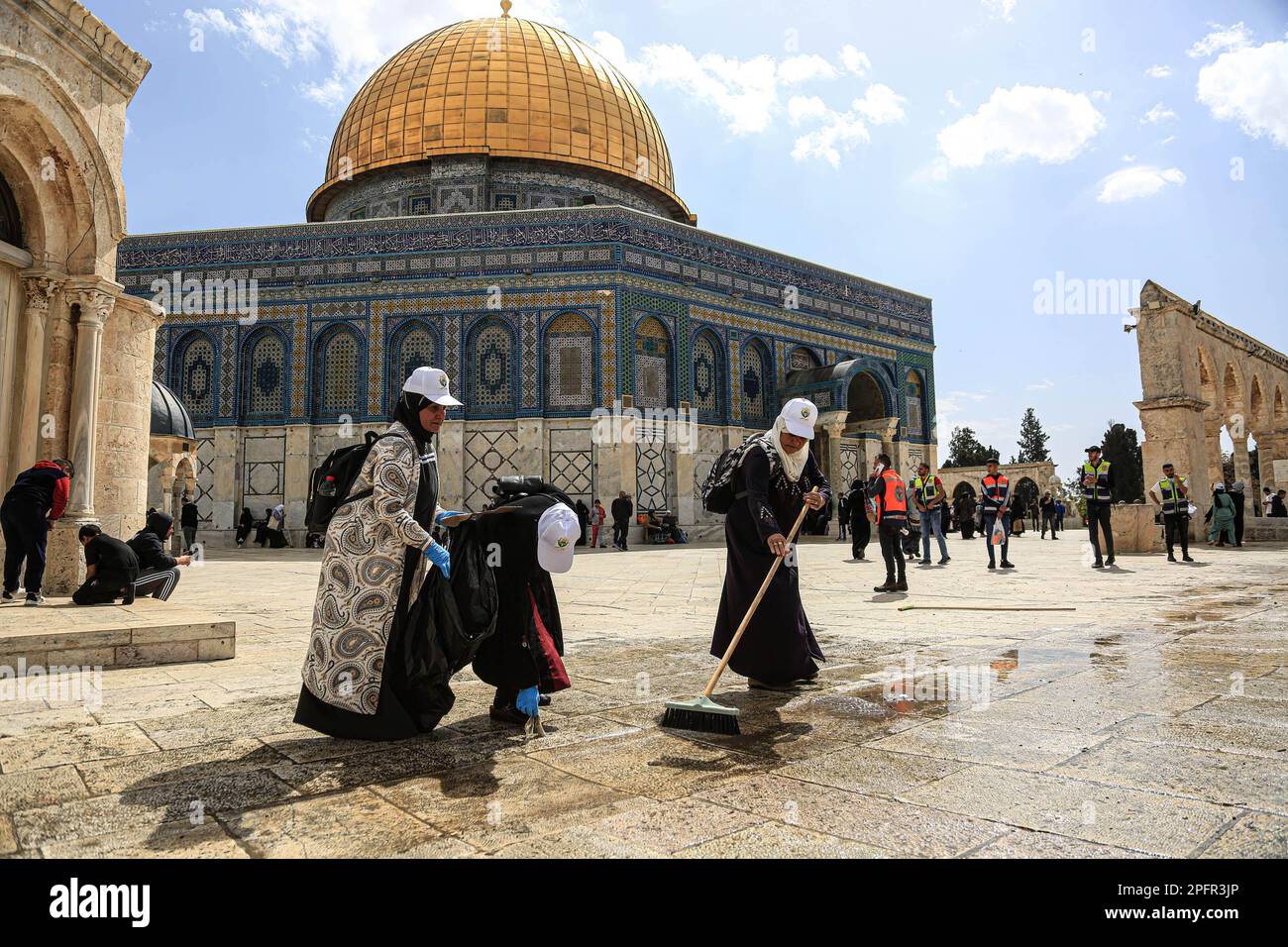 People seen cleaning at the AlAqsa Mosque, ahead of the holy Islamic