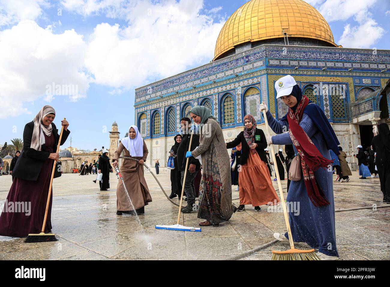People seen cleaning at the AlAqsa Mosque, ahead of the holy Islamic