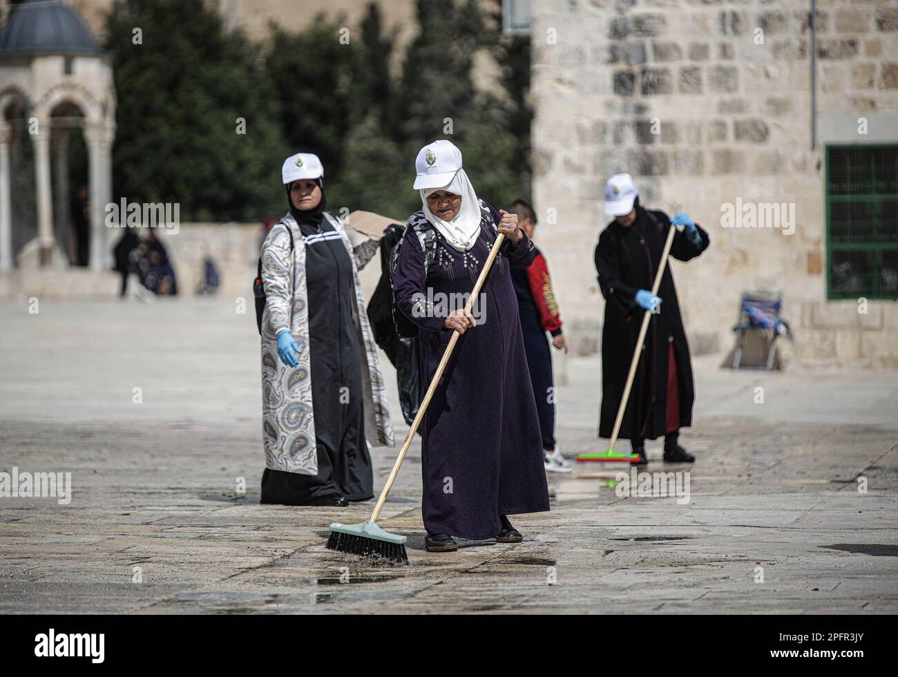People seen cleaning at the AlAqsa Mosque, ahead of the holy Islamic