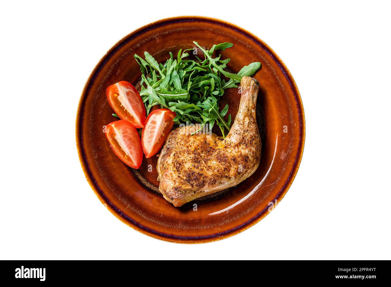 Poultry dish roasted chicken legs with vegatables salad. Isolated on