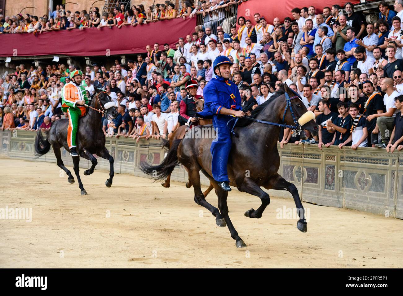 Palio di Siena Prova Public Trial Horse Race with Jockey or Fantino Stefano Piras Scangeo Riding for the Nobile Contrada del Nicchio Stock Photo