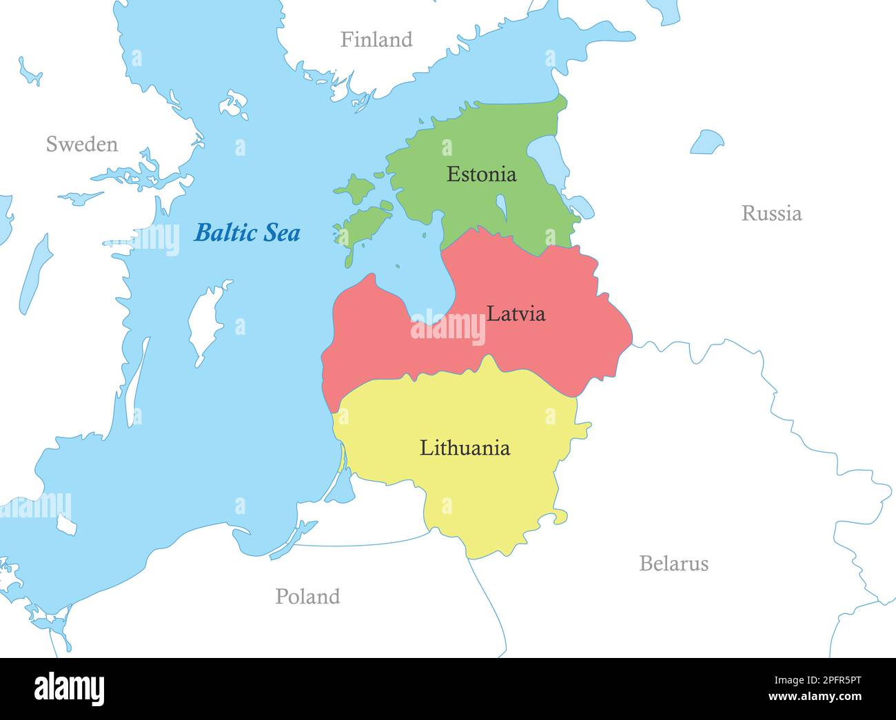 Color political map of Baltic states with borders of the countries. Stock Vector