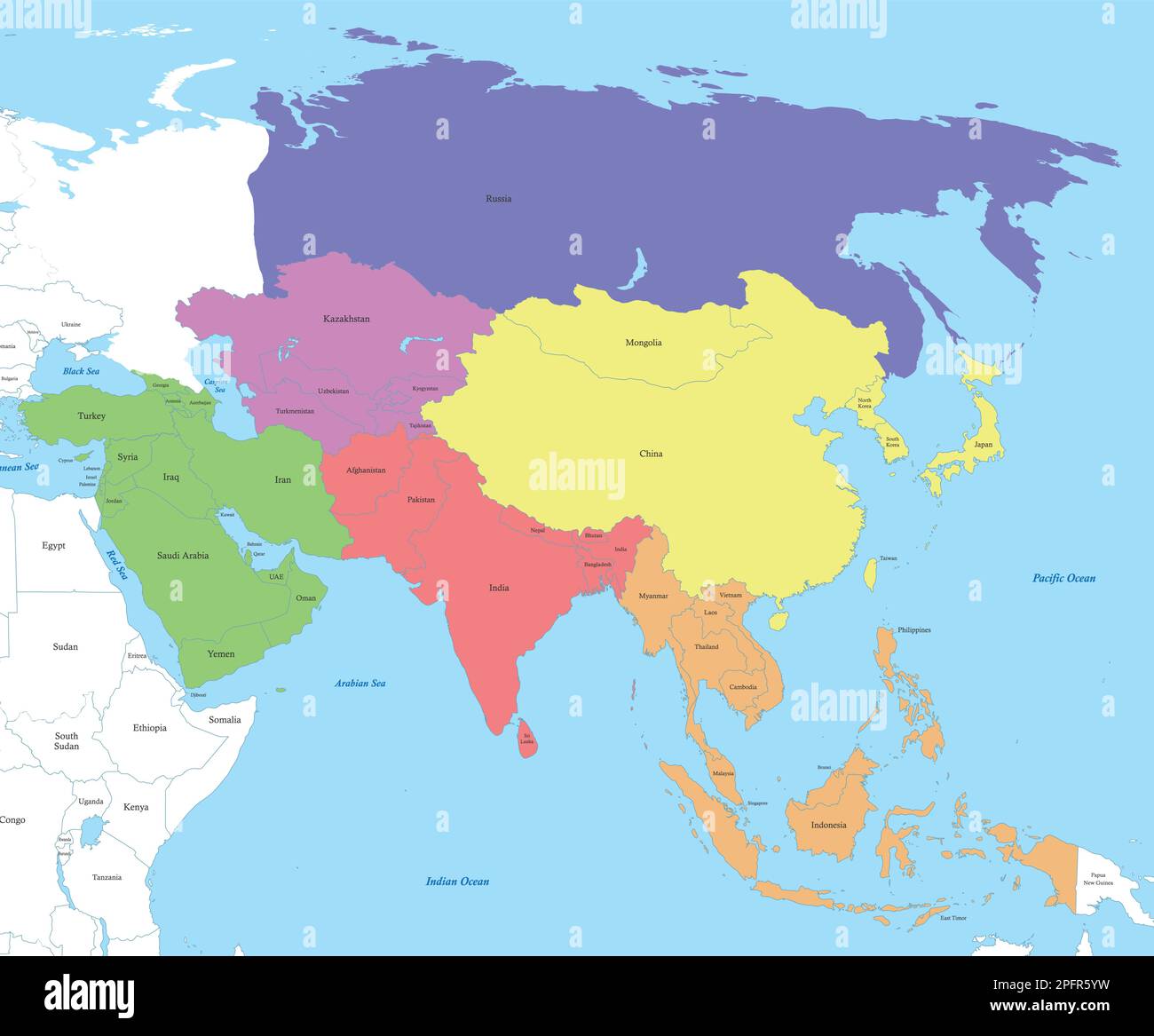 Political color map of Asia with borders of the states. Stock Vector