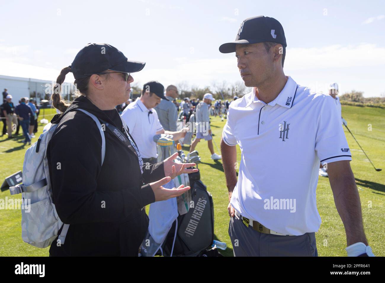 Kelly Bowers speaks to Captain Kevin Na of Iron Heads GC on the driving