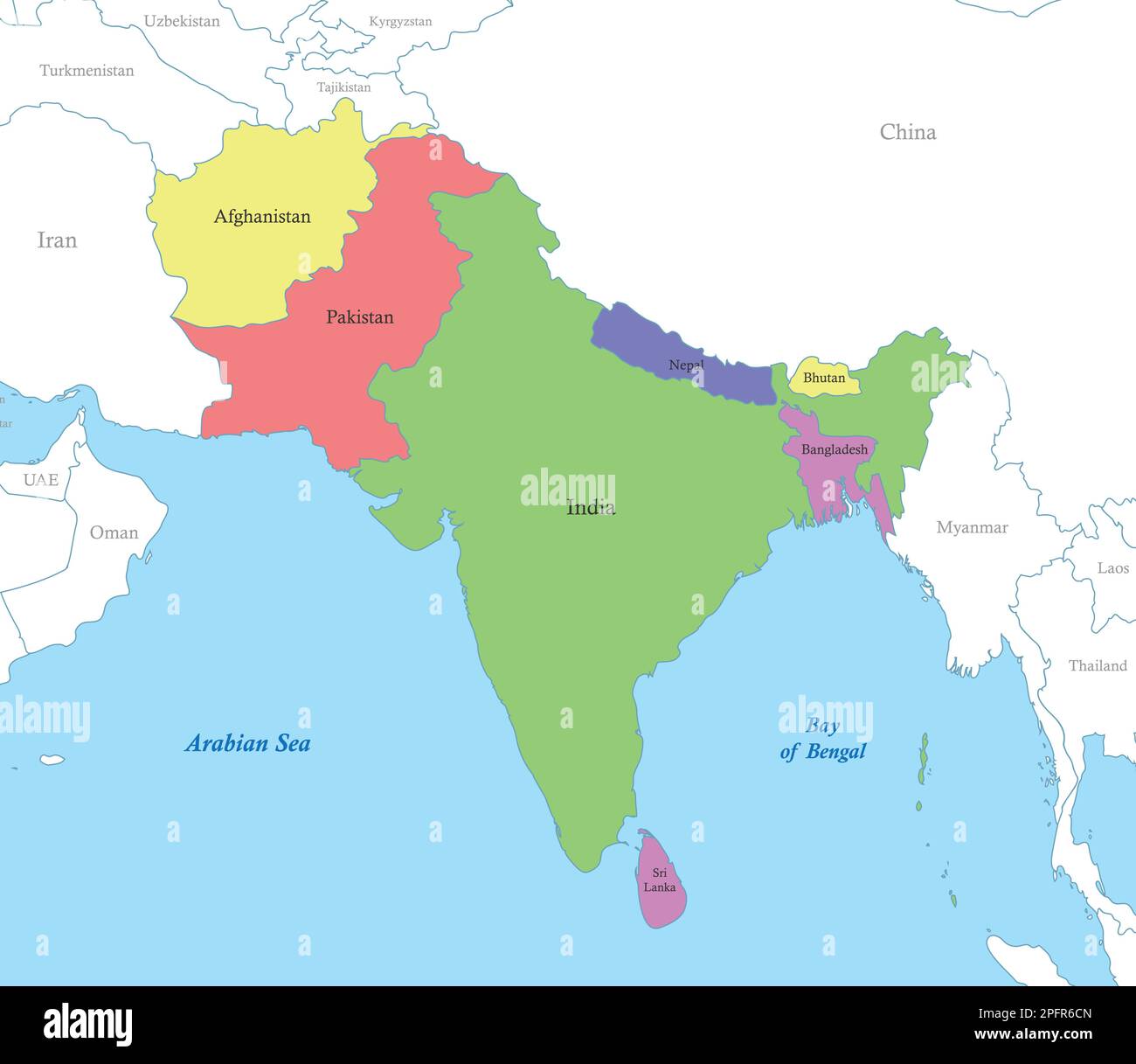 Political Color Map Of South Asia With Borders Of The States Stock Political Color Map Of South Asia With Borders Of The States 2PFR6CN