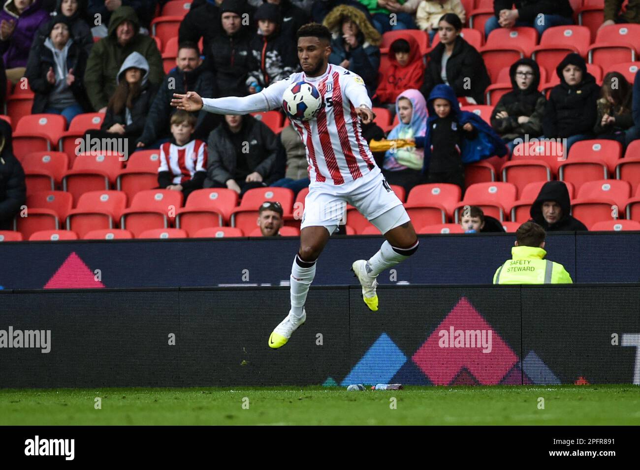 18th March 2023; Bet365 Stadium, Stoke, Staffordshire, England; EFL Championship Football, Stoke City versus Norwich City; Tyrese Campbell of Stoke chests the ball down Strictly Editorial Use Only. No use with unauthorized audio, video, data, fixture lists, club/league logos or 'live' services. Online in-match use limited to 120 images, no video emulation. No use in betting, games or single club/league/player publications Credit: Action Plus Sports Images/Alamy Live News Stock Photo