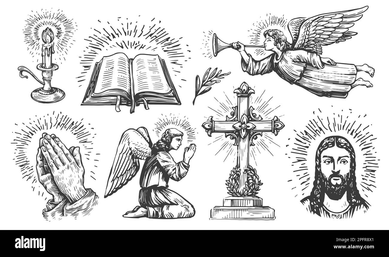 Holy Bible, praying hands, flying messenger angel, burning candle, Jesus Christ. Faith in God concept in sketch style Stock Photo