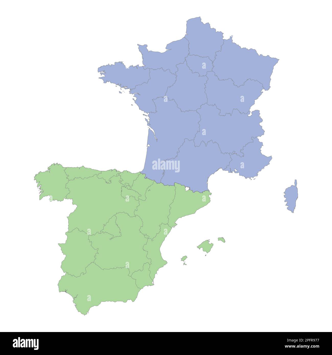 High quality political map of France and Spain with borders of the