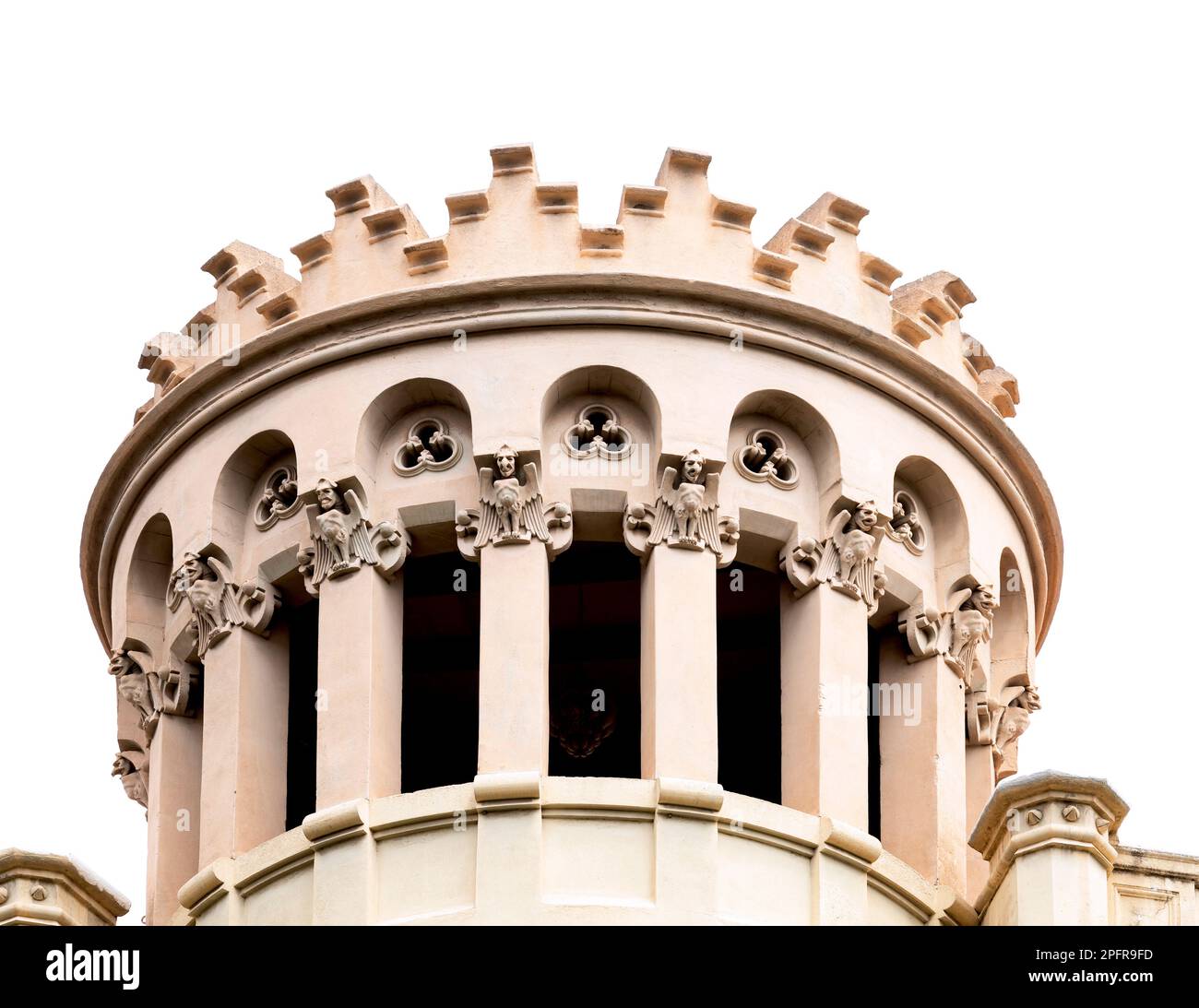 Shot in black and white and color detail on the facade of this historic building representing some character, animal or flower. Set at Barcelona Stock Photo
