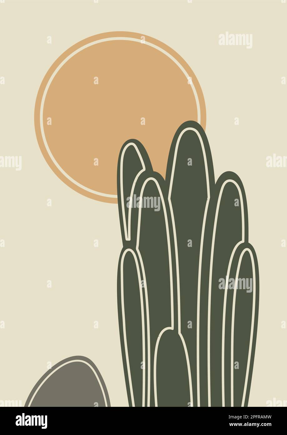 Abstract contemporary aesthetic illustration with cacti and sun. Earth tones, beige colors. Boho wall decor. Stock Vector