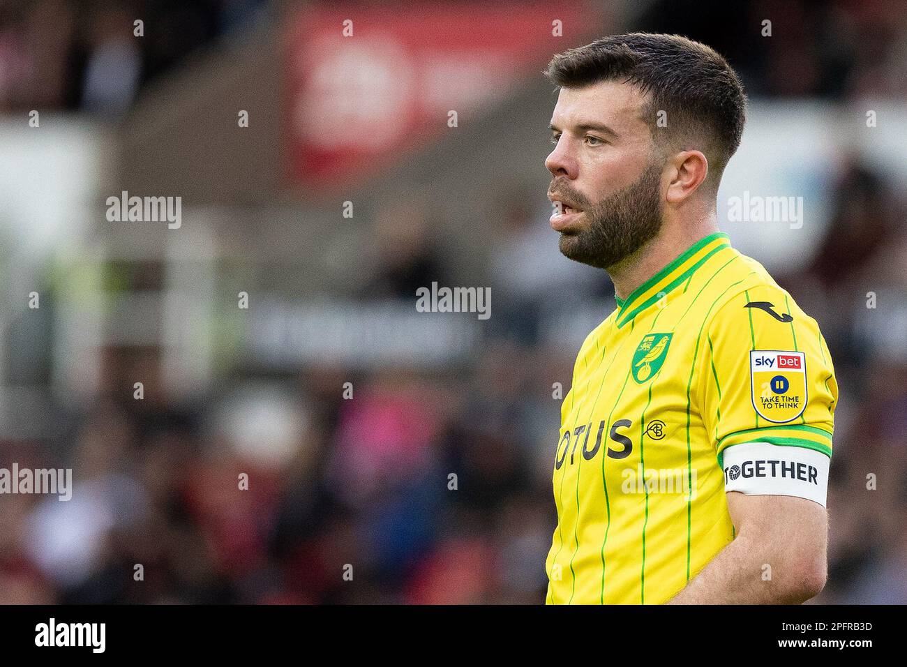Grant Hanley #5 of Norwich City during the Sky Bet Championship match Stoke City vs Norwich City at Bet365 Stadium, Stoke-on-Trent, United Kingdom, 18th March 2023  (Photo by Phil Bryan/News Images) Stock Photo