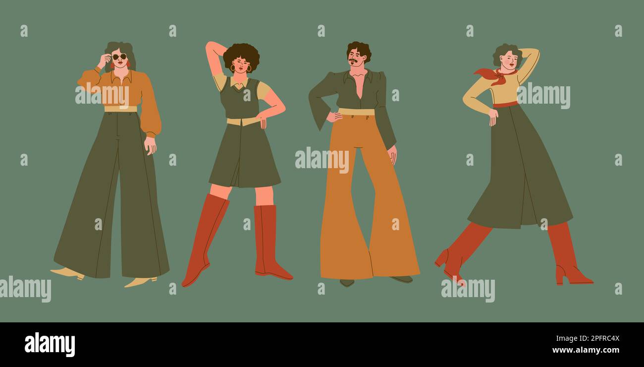 Fashion and style of the 70s. Young men and women in vintage style. People dressed in the 60s, 70s, 80s. Vector trendy illustration. Stock Vector