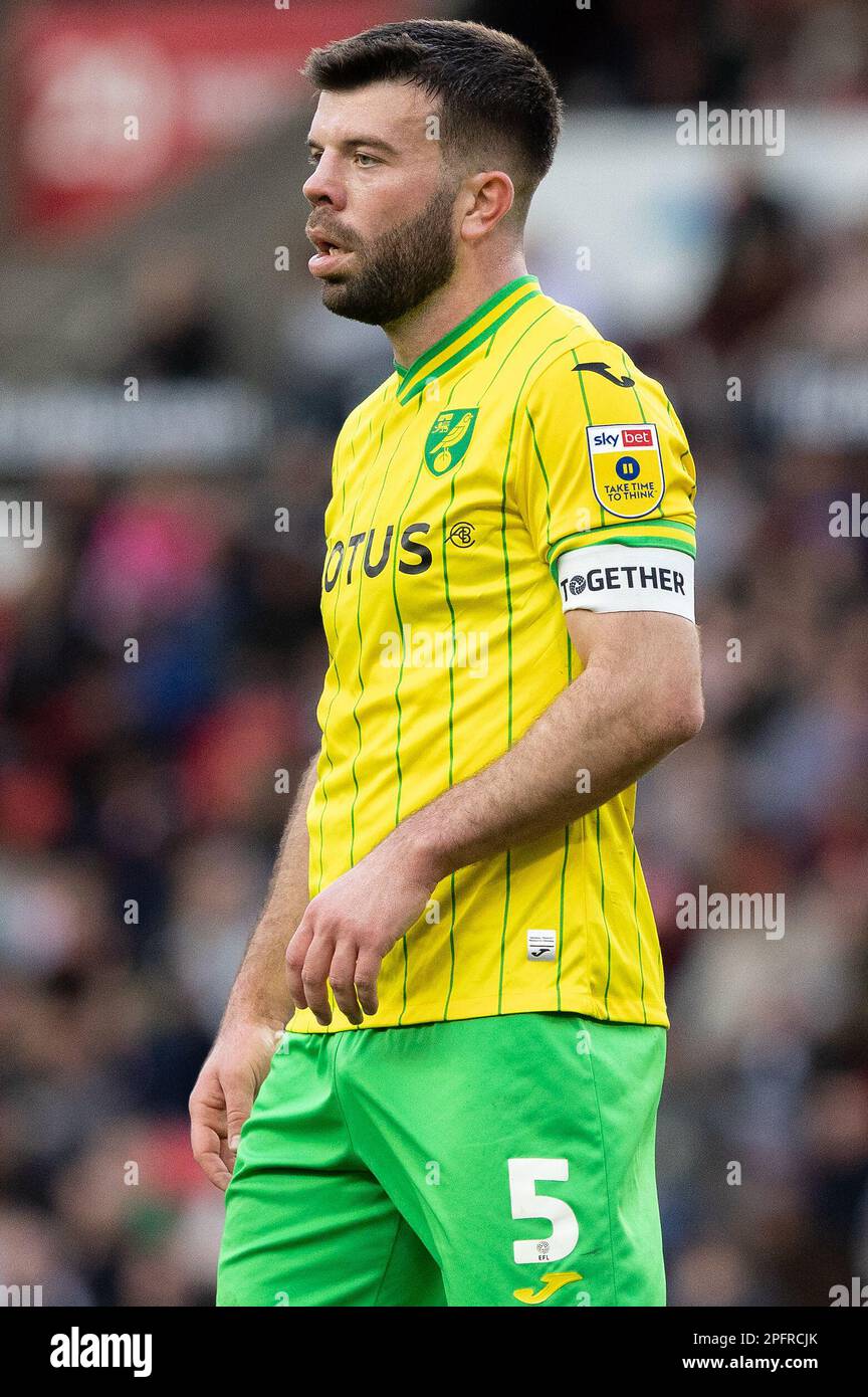 Grant Hanley #5 of Norwich City during the Sky Bet Championship match Stoke City vs Norwich City at Bet365 Stadium, Stoke-on-Trent, United Kingdom, 18th March 2023  (Photo by Phil Bryan/News Images) Stock Photo