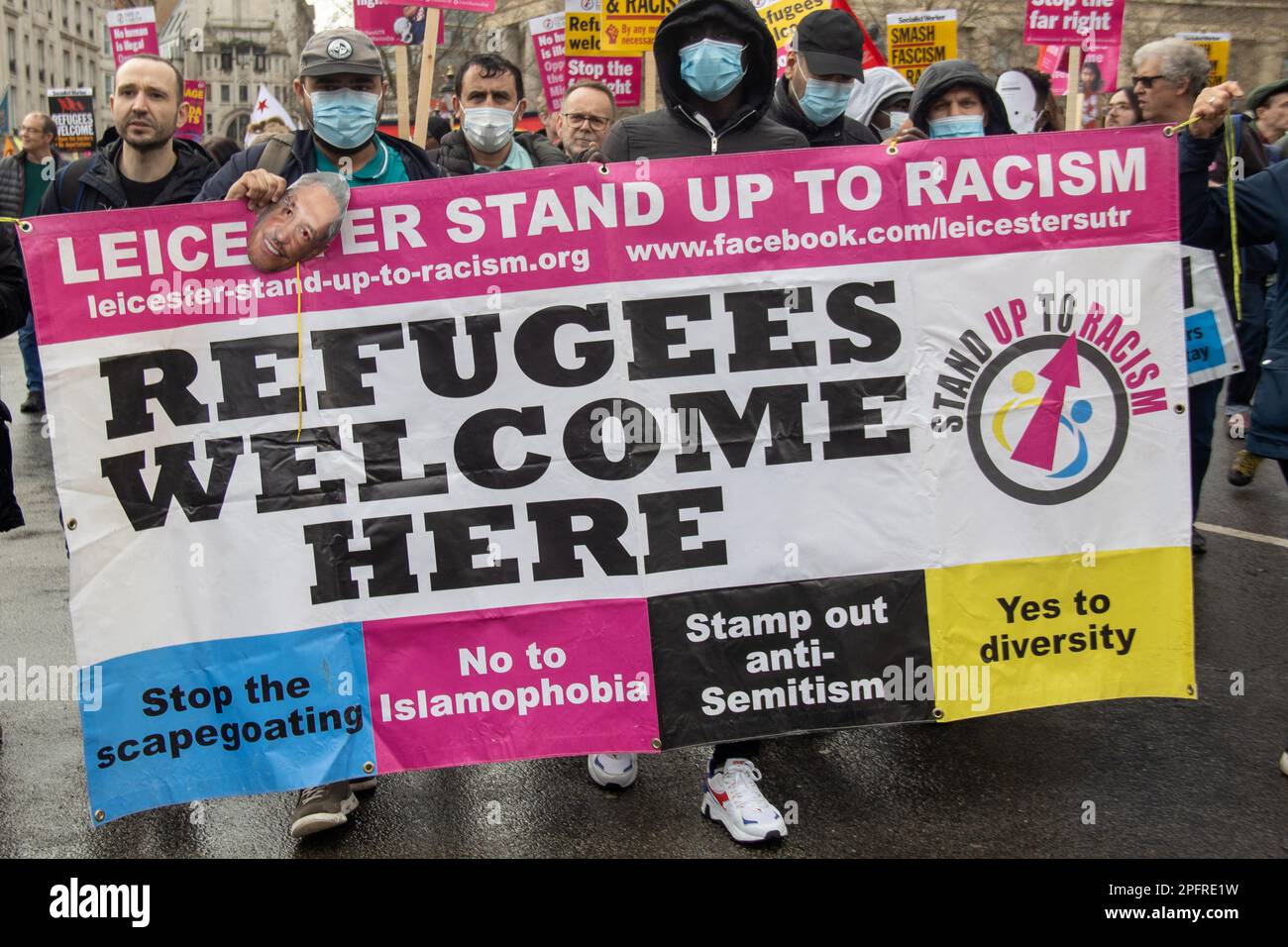 London, UK - 18 March 2023: Thousands of demonstrators from diverse backgrounds gathered in central London to protest against racism. The protesters chanted, 'refugees are welcome here,' and demanded an end to the Rwanda Bill. Credit: Sinai Noor / Alamy Live News Stock Photo