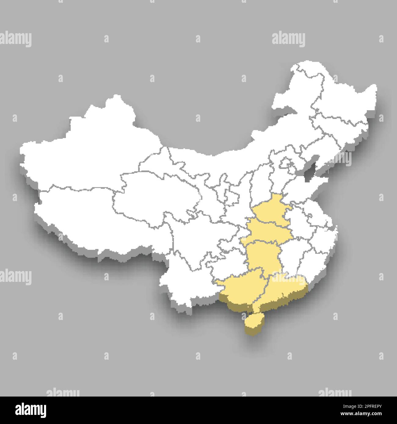 South Central region location within China 3d isometric map Stock Vector