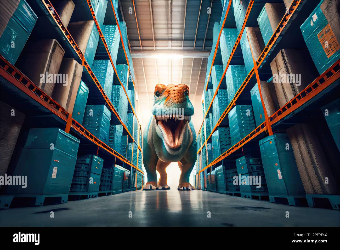 A dinosaur in a warehouse. Concept for outdated logistics. Generative AI Stock Photo