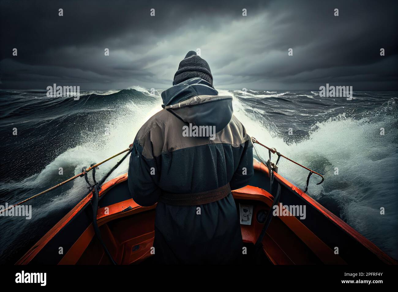 A fisherman in his boat in rough sea, bad weather. Generative AI Stock Photo