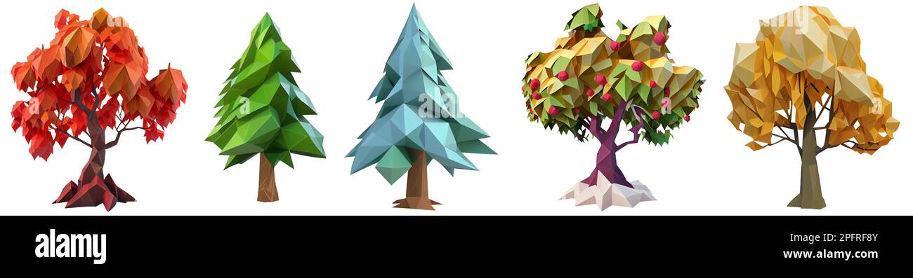 A selection of five different low poly trees (maple, fir, bluespruce, apple, beech) on transparent background. Generative AI Stock Photo