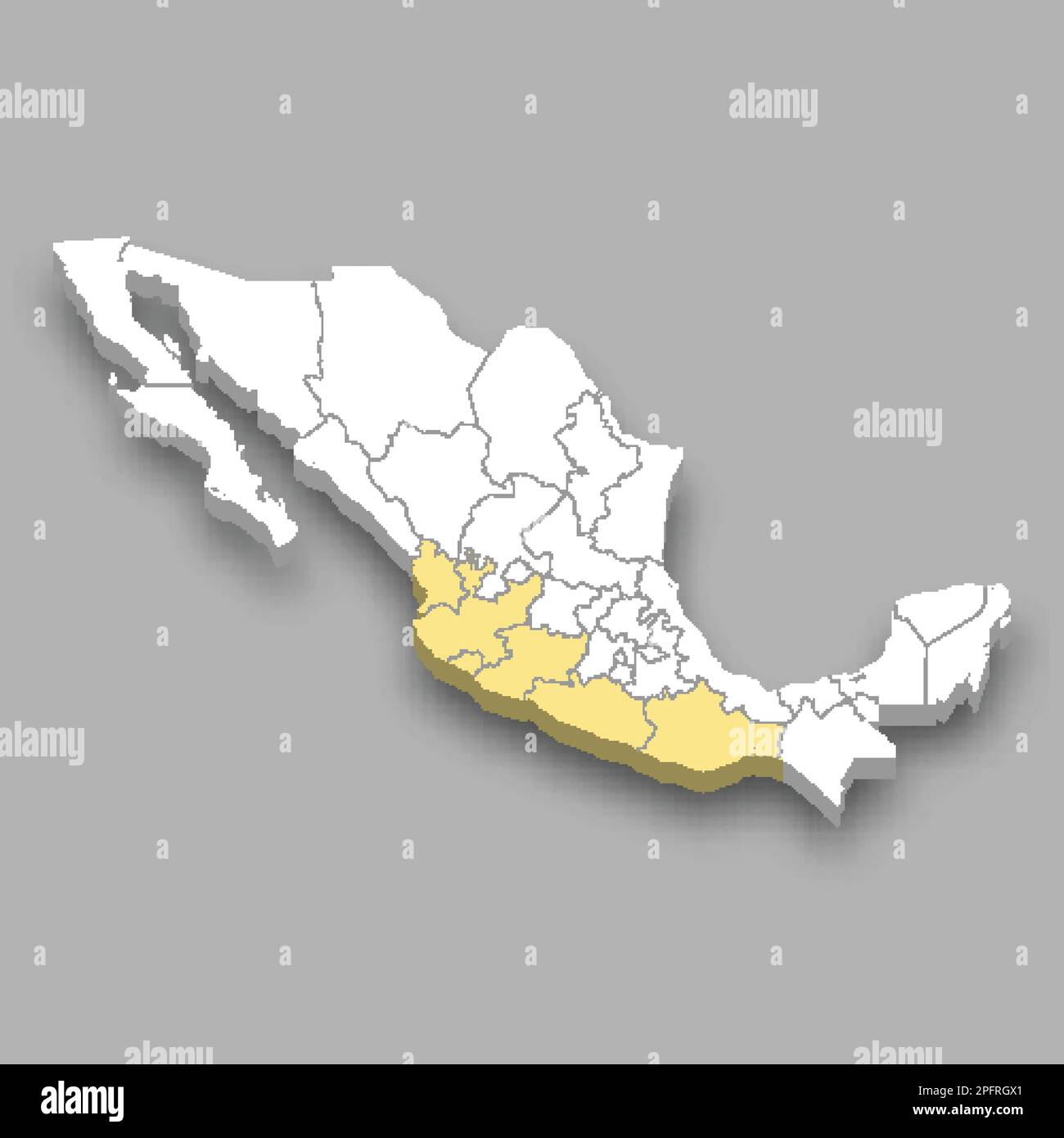 Pacific Coast region location within Mexico 3d isometric map Stock