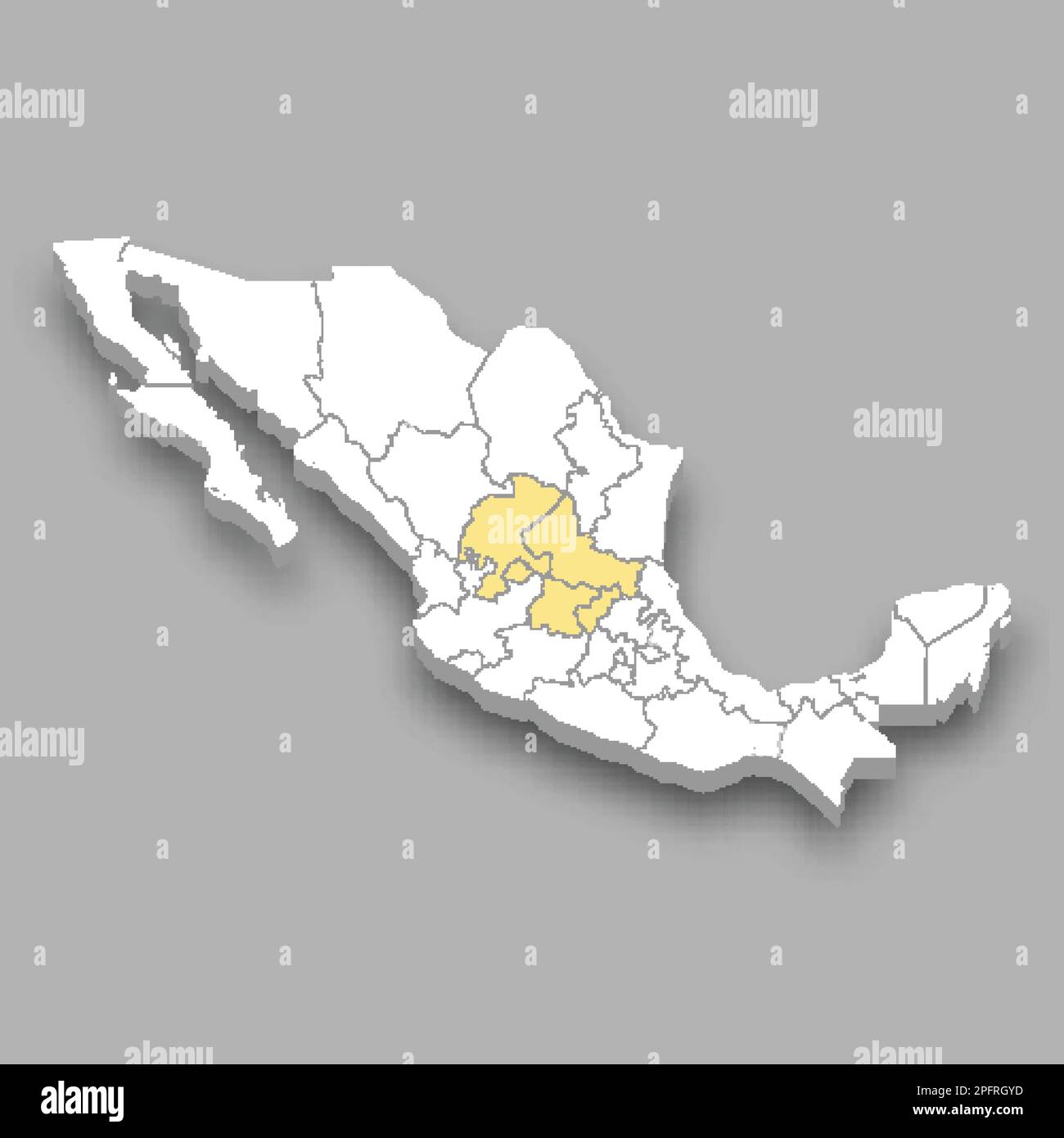 The Bajio region location within Mexico 3d isometric map Stock Vector