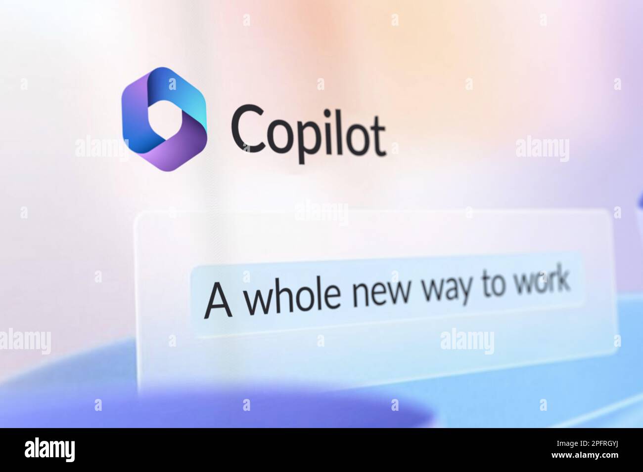Screenshot of Copilot for Microsoft 365 the ChatGPT based helper for automating tasks within the Microsoft productivity apps. Selective focus. Stock Photo