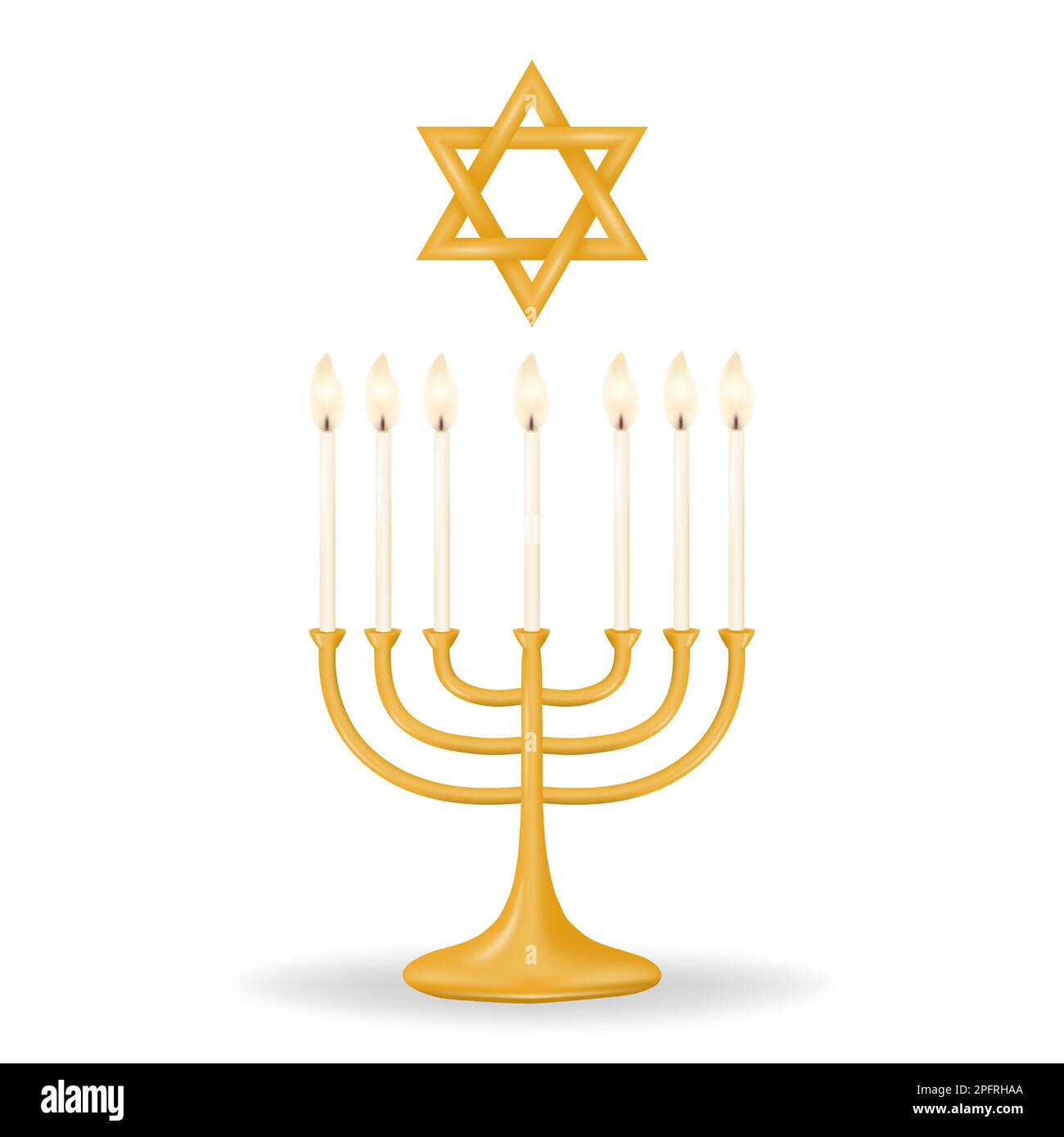Celebrate Passover with these iconic menorah and star of David symbols in gold. Menorah featuring seven candles, star of David in a gold color on a cl Stock Vector