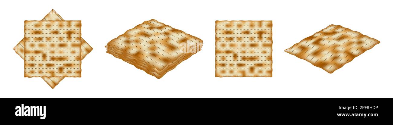 Matzo for Passover, isolated on white in different positions. Matzoh, unleavened bread is a symbol of the Jewish holiday Pesach. Vector illustration. Stock Vector