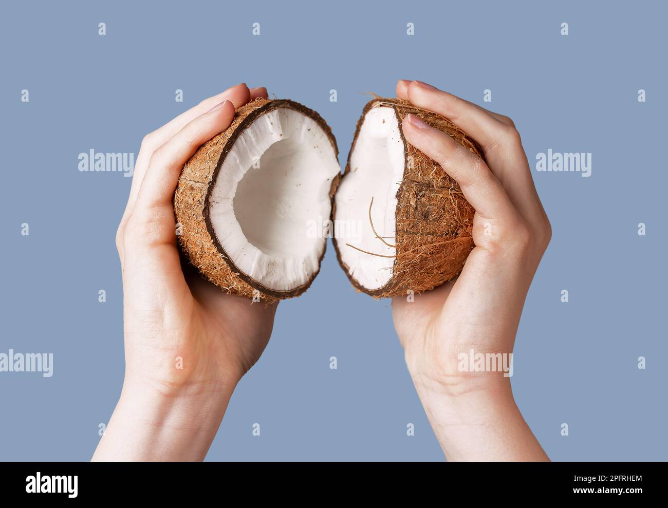 Hands with split broken coconut, two halves of coco nut fruit in brown