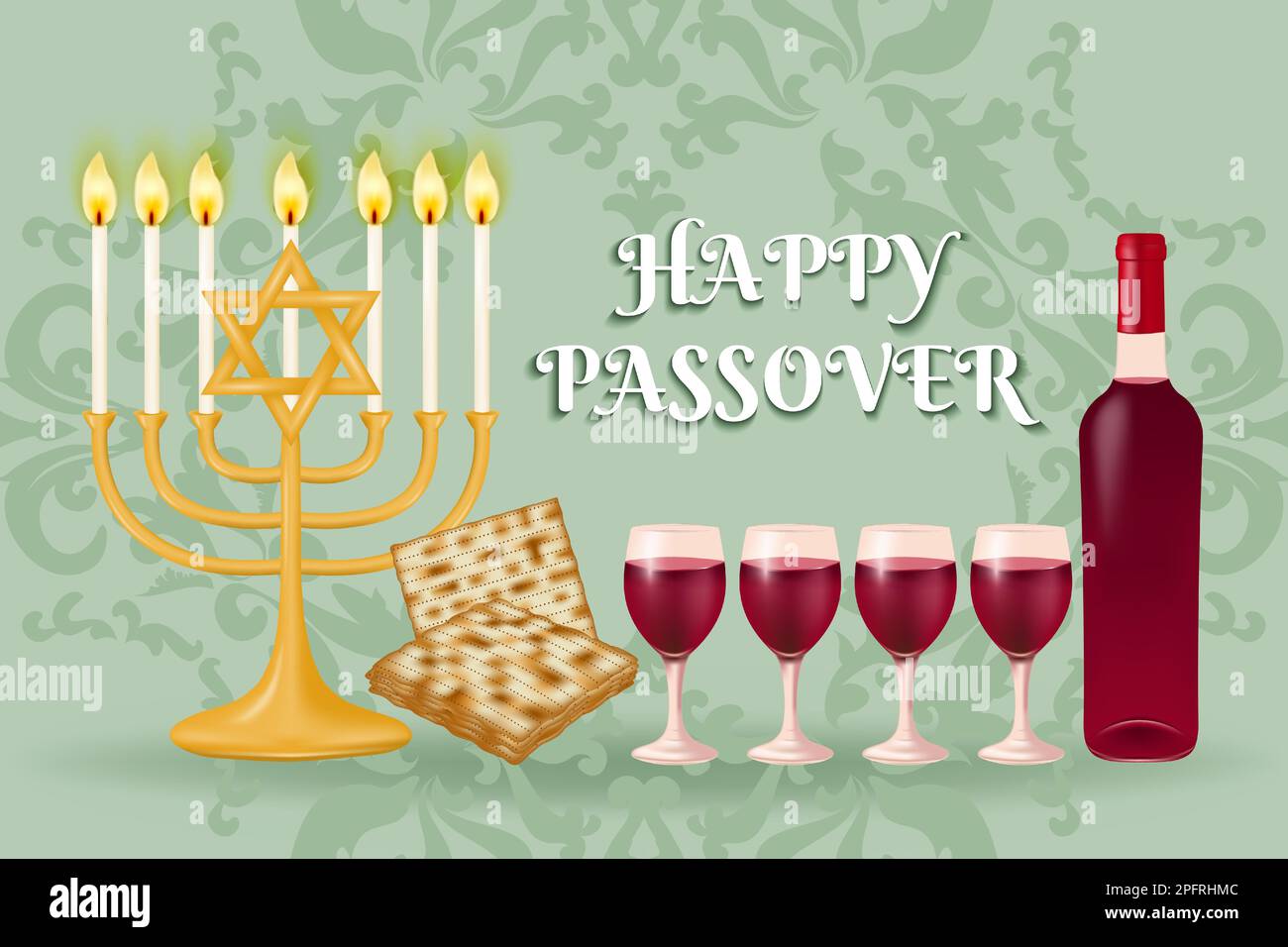 Celebrate the festival of Passover with this beautiful background featuring the Menorah, matzo, red wine set against a patterned design. Vector Stock Vector