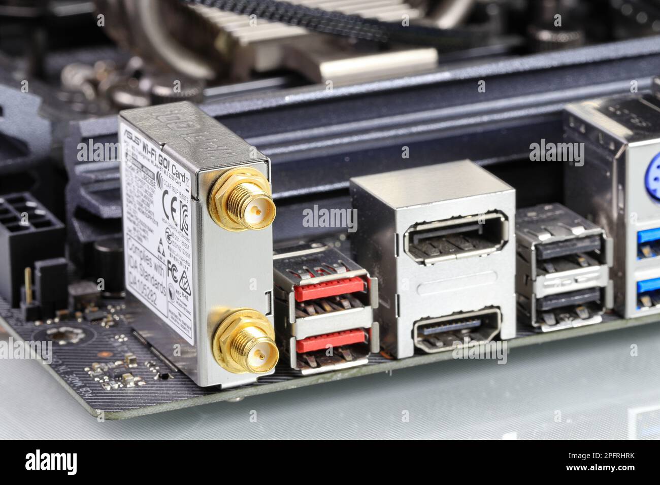 Multiple ports on modern computer mainboard show with HDMI, Display port, USB 3.2 type A, usb 3.1, Wifi, ps2. Stock Photo