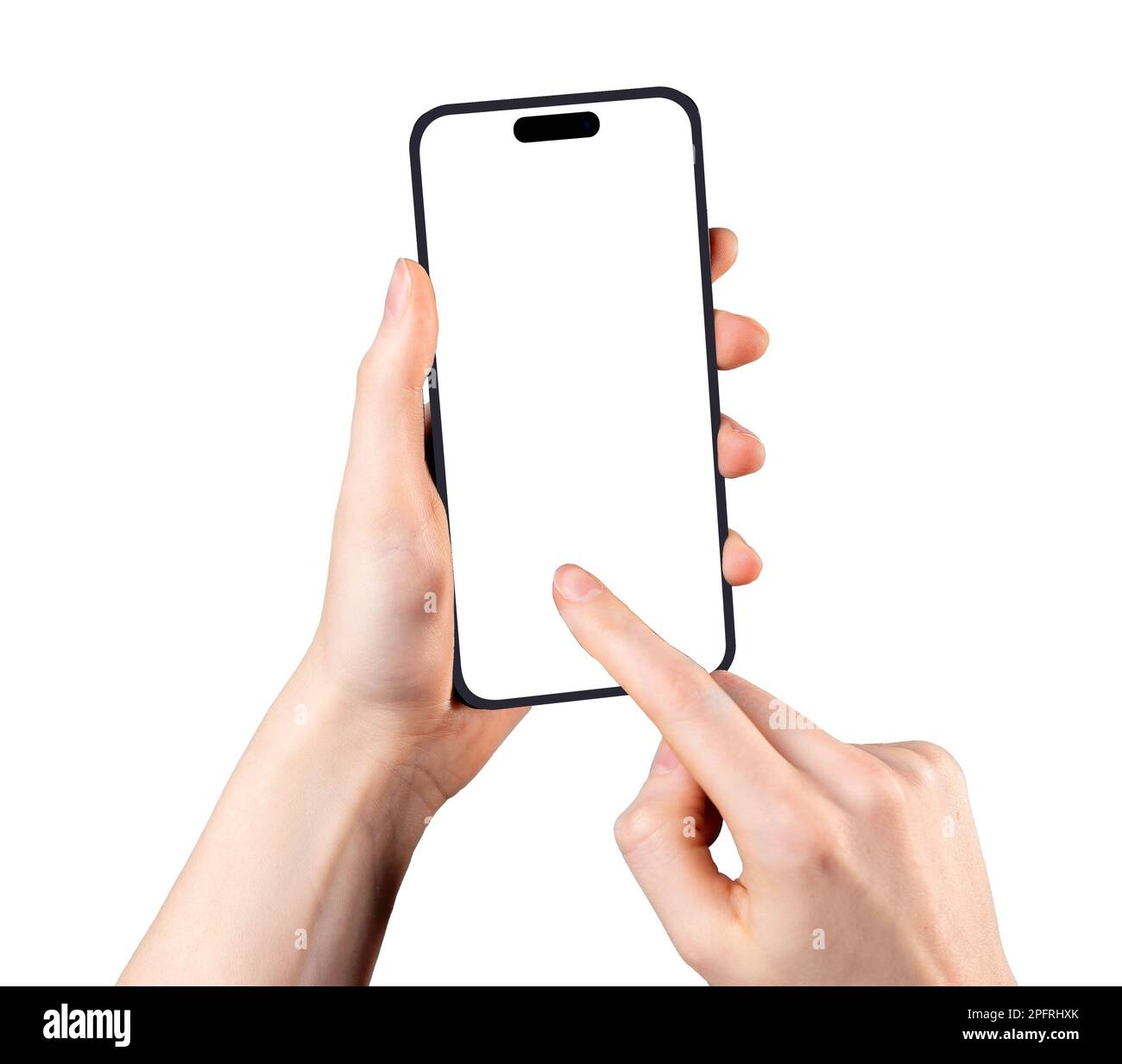 Lodz, Poland February 07 2023 Hand holding mobile phone mock-up, tapping pointing on blank smartphone display frame isolated on white background. Stock Photo