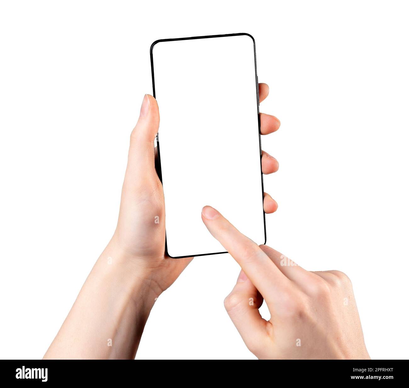 Finger tapping on blank mobile phone screen, smartphone display mockup isolated on white background. Stock Photo