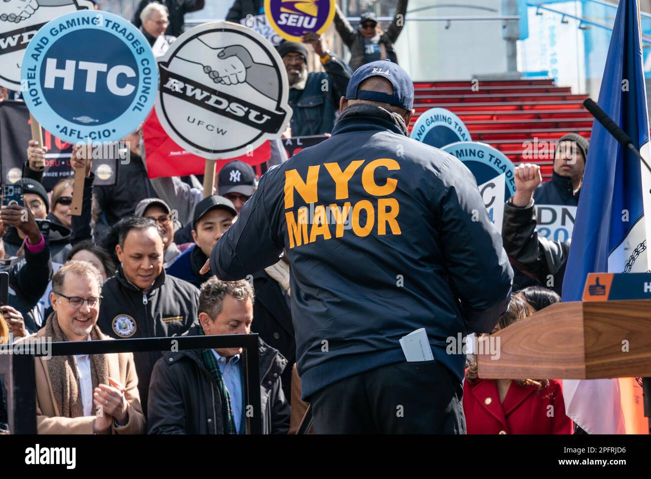 Mayor Eric Adams speaks during rally on Times Square on March 18, 2023
