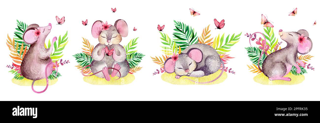 Watercolor set of illustrations of little mouse, basket, butterflies, forest mushrooms. Children's illustration isolated on white background cartoon m Stock Photo