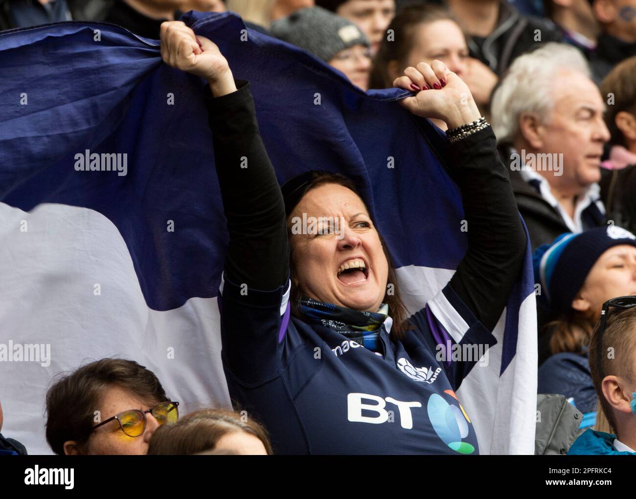 Edinburgh, UK. 18th Mar, 2023. EDINBURGH, SCOTLAND - MARCH 18: Passionate Scotland support during the Six Nations Rugby match between Scotland and Italy at Murrayfield Stadium on March 12, 2023 in Edinburgh, United Kingdom. ( Credit: Ian Jacobs/Alamy Live News Stock Photo