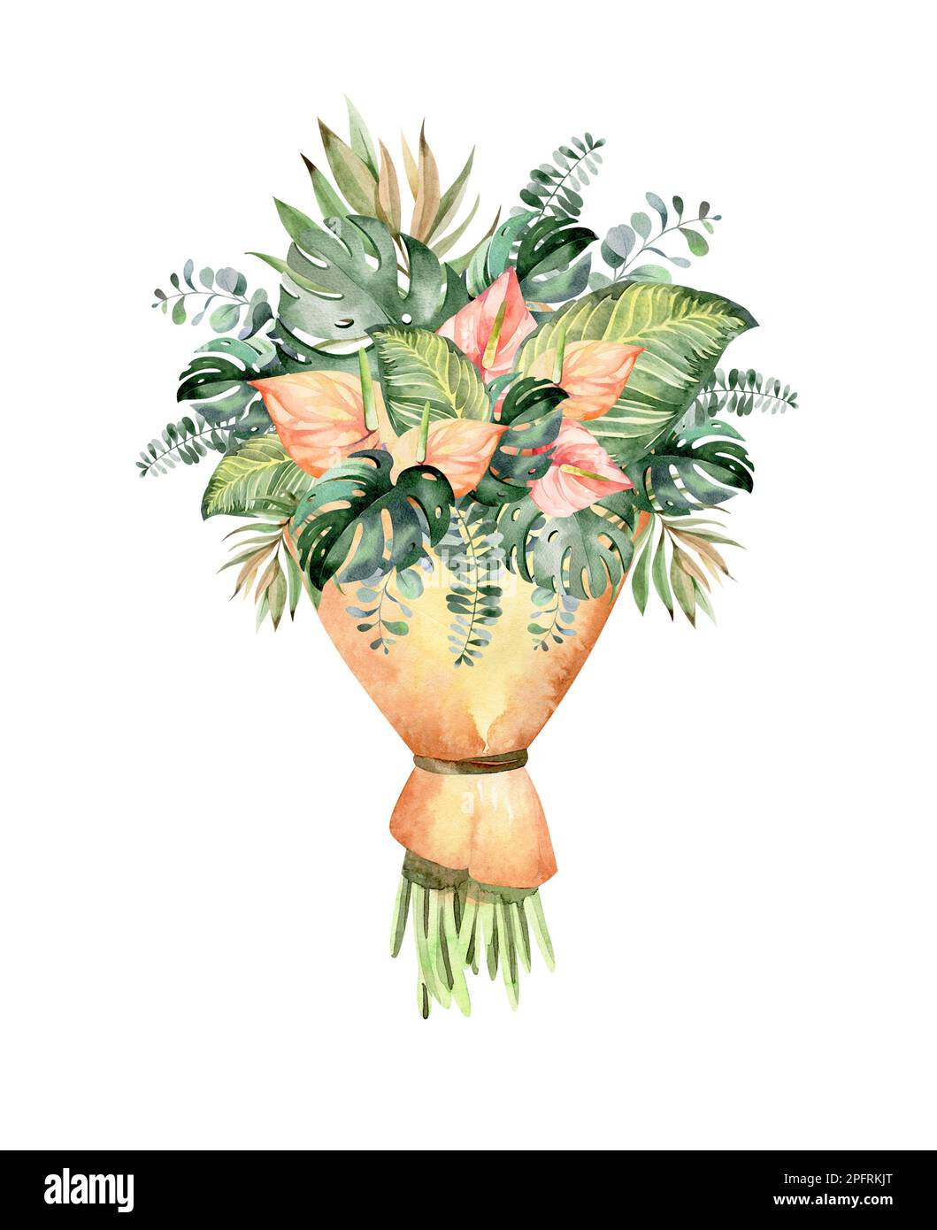Watercolor tropical flowers. Bouquet of tropical plants and flowers of ...