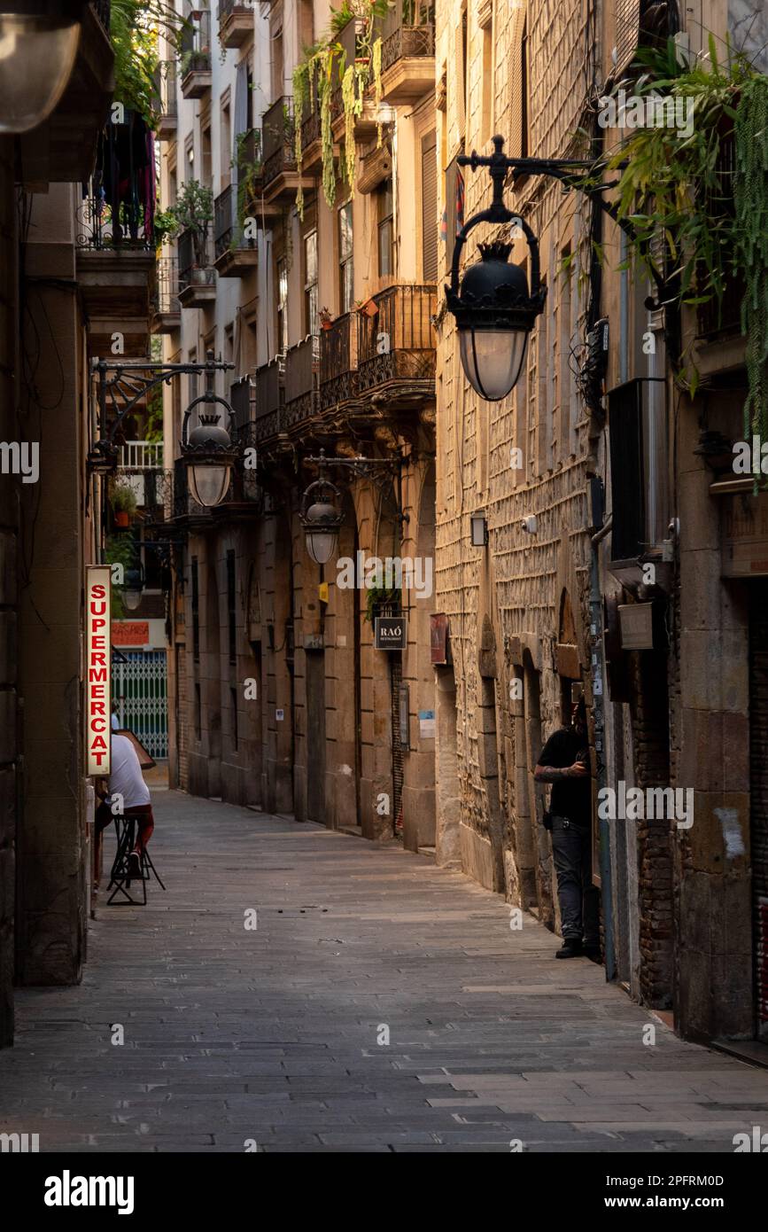 The vibrant and multicultural neighborhood of Raval in Barcelona, Spain, features narrow streets and historic architecture Stock Photo
