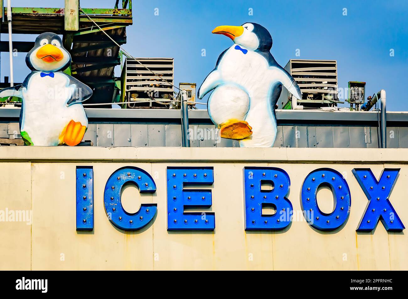 Plastic penguins dance on the rooftop of The Ice Box bar, March 8, 2023, in Mobile, Alabama. Stock Photo