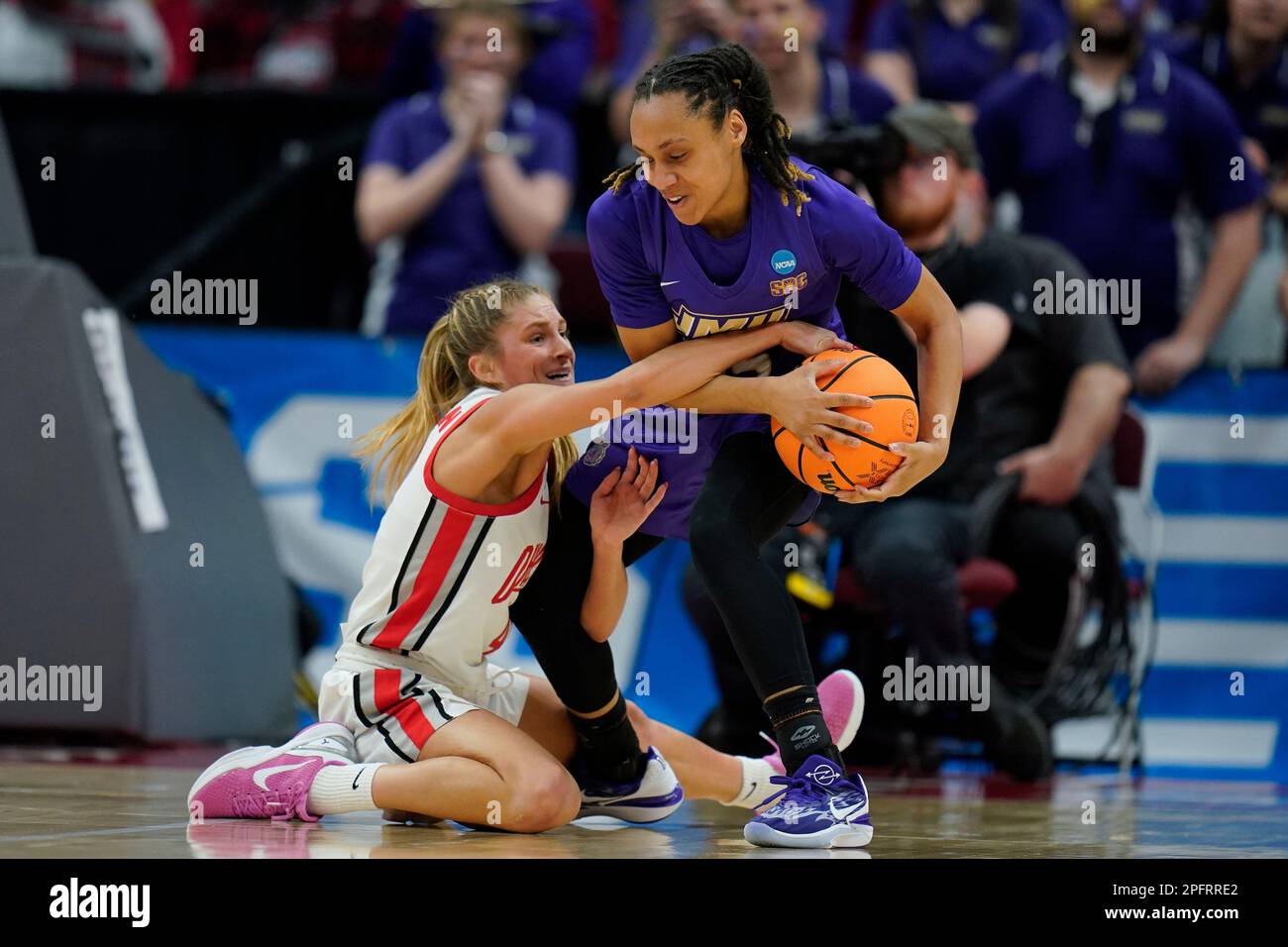 Ohio State Guard Jacy Sheldon Left Tries To Steal The Ball From James Madison Guard Jamia