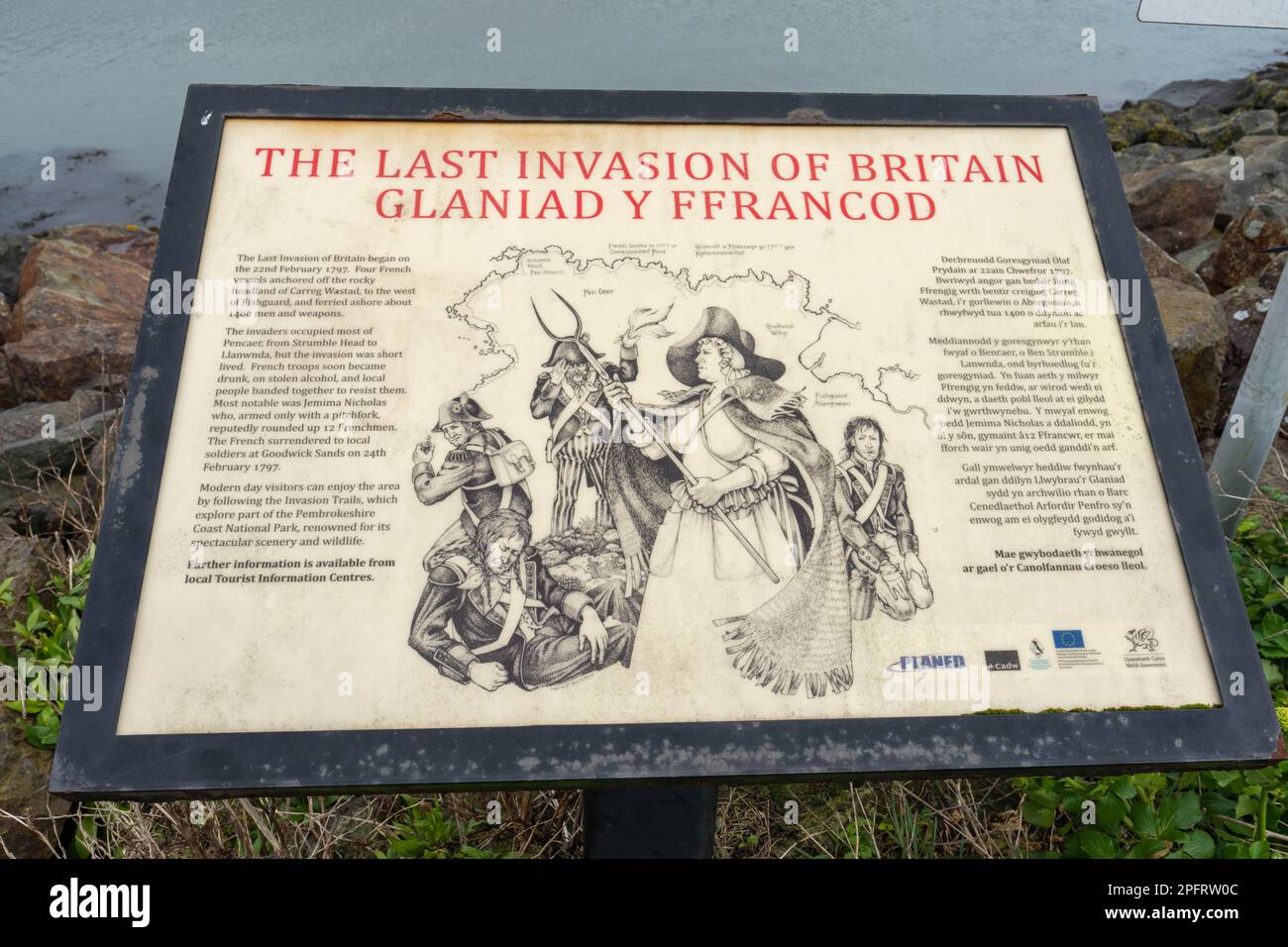 Plaque of The Last invasion of Britain ( Glaniad Ffrancod) at Fishgaurd Pembrokeshire Wales. Stock Photo