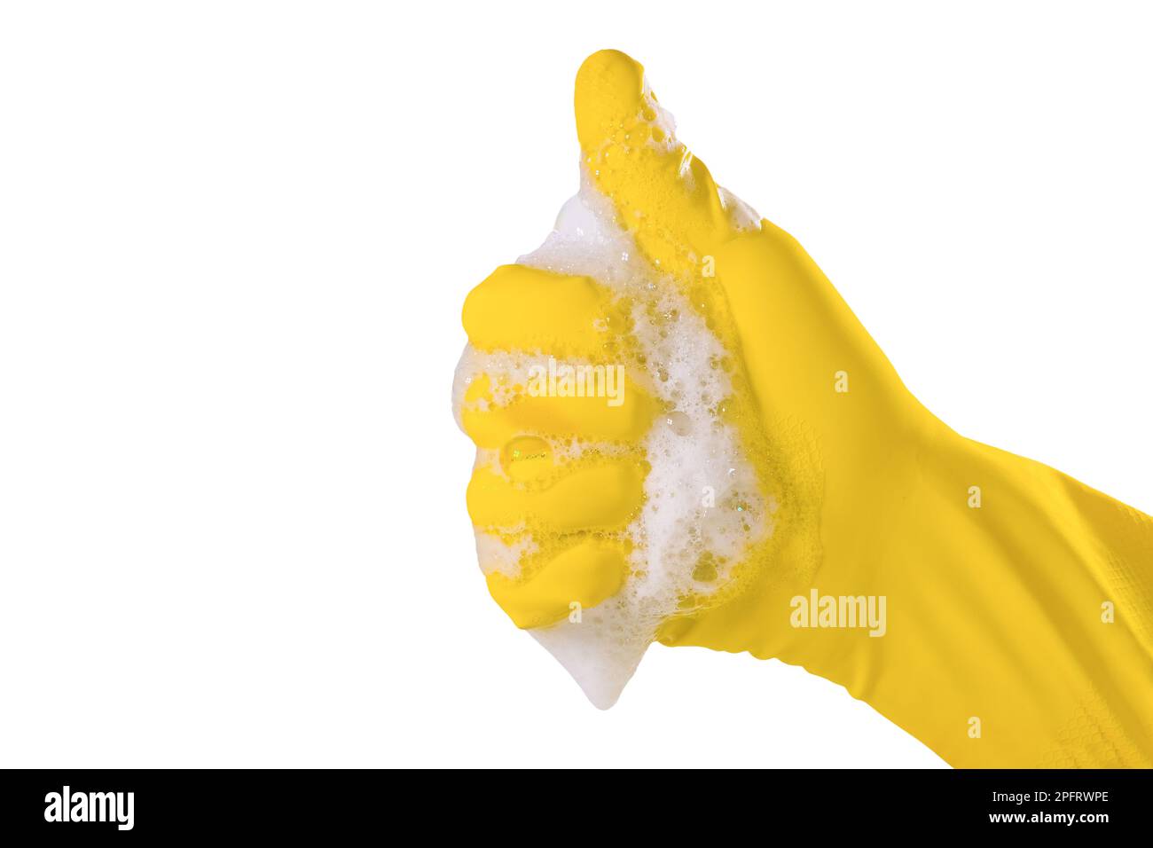 Hand in a yellow rubber glove in soap foam isolated on a white ...