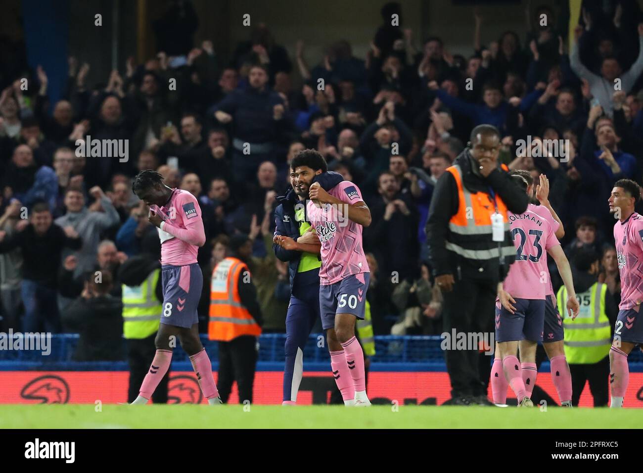 18th March 2023; Stamford Bridge, Chelsea, London, England: Premier League Football, Chelsea versus Everton; Ellis Simms of Everton is embraced by his team mates after the final whistle. Stock Photo