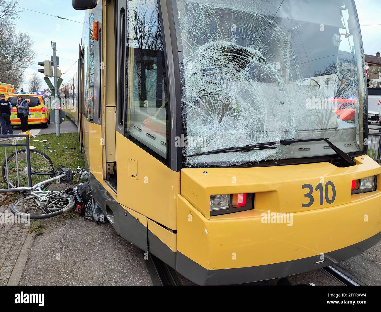 Karlsruhe, Germany. 18th Mar, 2023. A cyclist was hit by a streetcar and seriously injured. The 77-year-old had wanted to cross the tracks and still let a streetcar through, but was then hit by another streetcar, said a spokesman for the Karlsruhe police. Credit: Thomas Riedel/dpa/Alamy Live News Stock Photo
