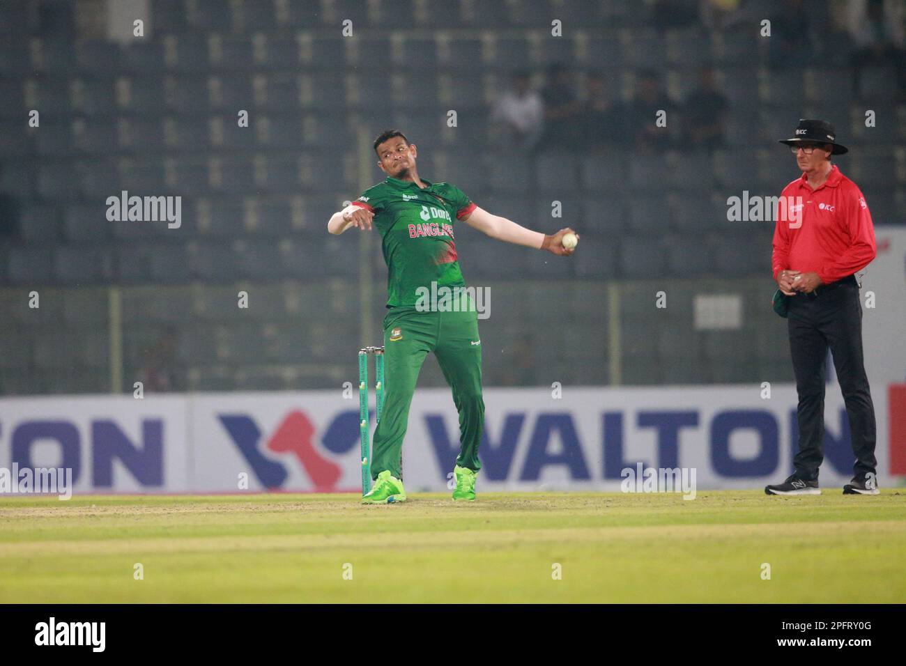 Nasum Ahmed bowl during the Bangladesh-Ireland 1st ODI match at Sylhet International Cricket Stadium, Lakkarura, Sylhet, Bangladesh. Stock Photo