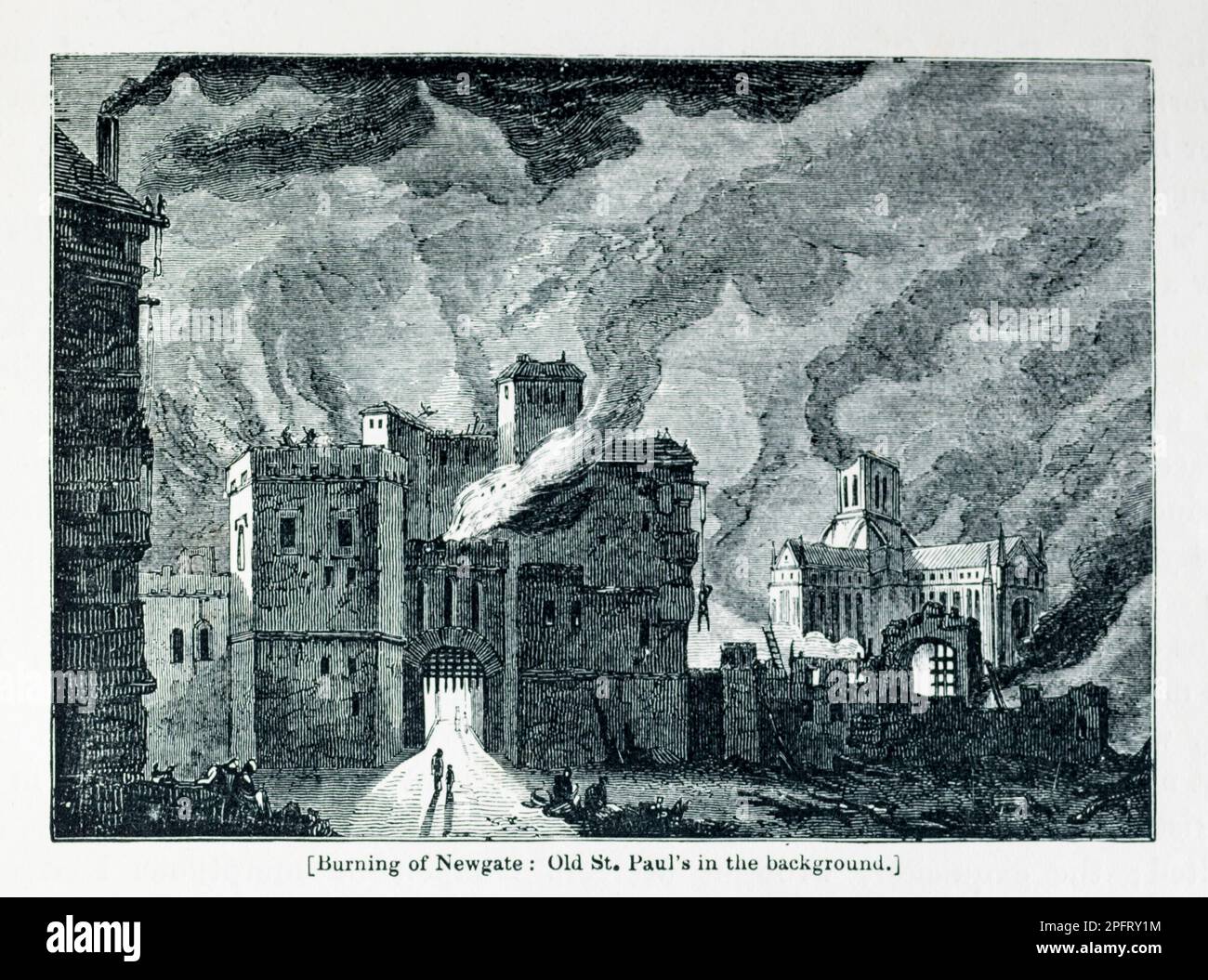 19th century engraving of The Burning of Newgate: Old St. Paul's in the ...