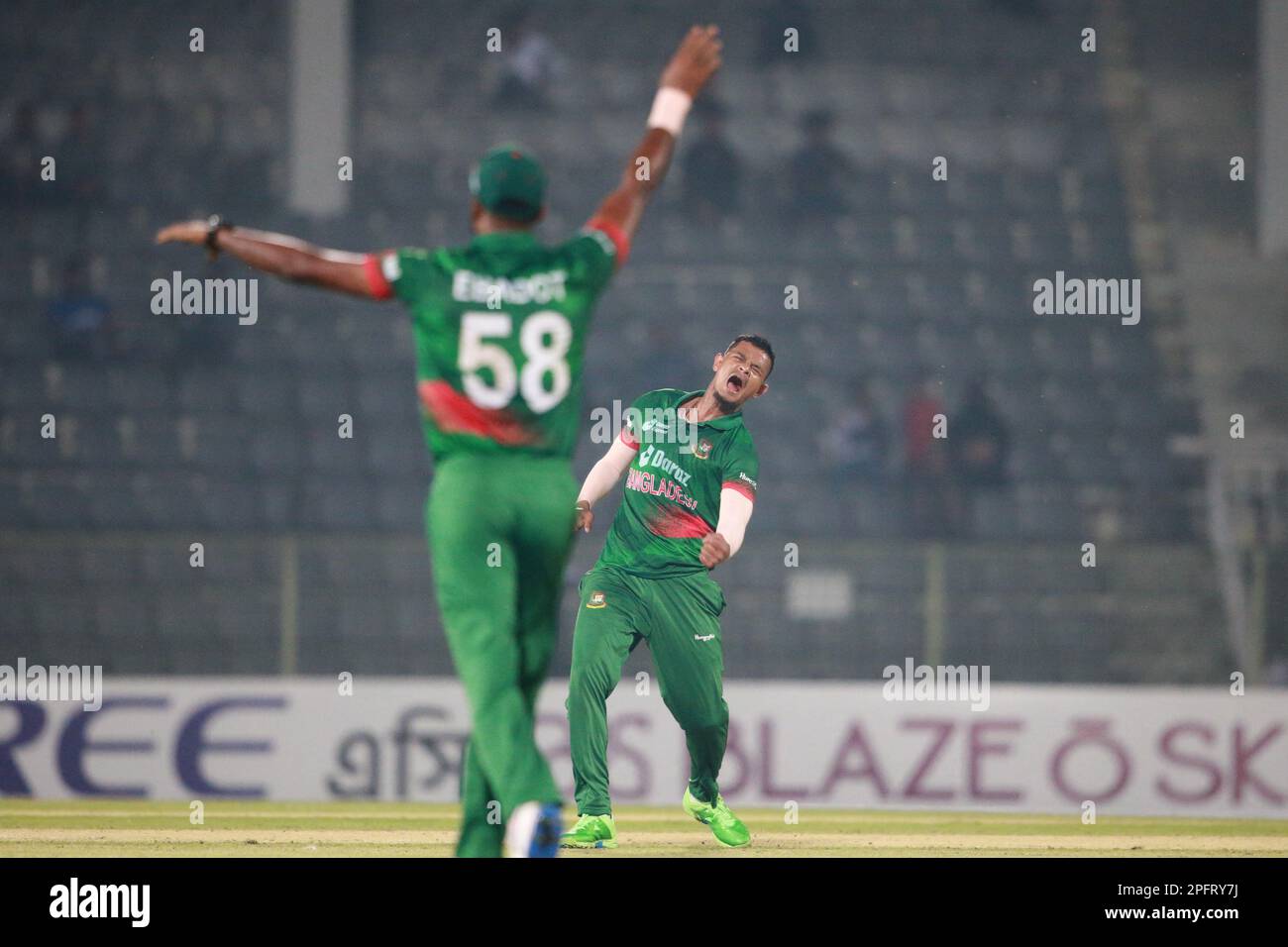Nasum Ahmed celebrates one of his three wickets along his teammate during the  Bangladesh- Ireland 1st ODI match at Sylhet International Cricket Stadi Stock Photo