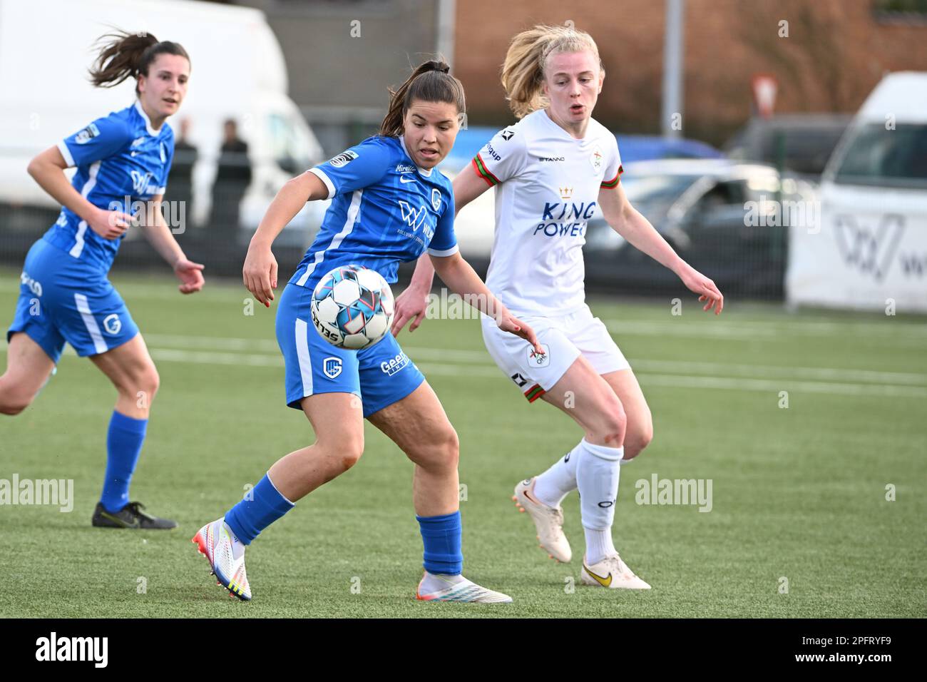 Luna Vanzeir (30) of Genk pictured with Ina Gausdal of OHL during a female soccer game between Racing Genk Ladies and Oud Heverlee Leuven on the 1st matchday in play-off 1 of the 2022 - 2023 season of Belgian Lotto Womens Super League , Saturday 18 March 2023  in Genk , Belgium . PHOTO SPORTPIX | Maarten Straetemans Credit: sportpix/Alamy Live News Stock Photo