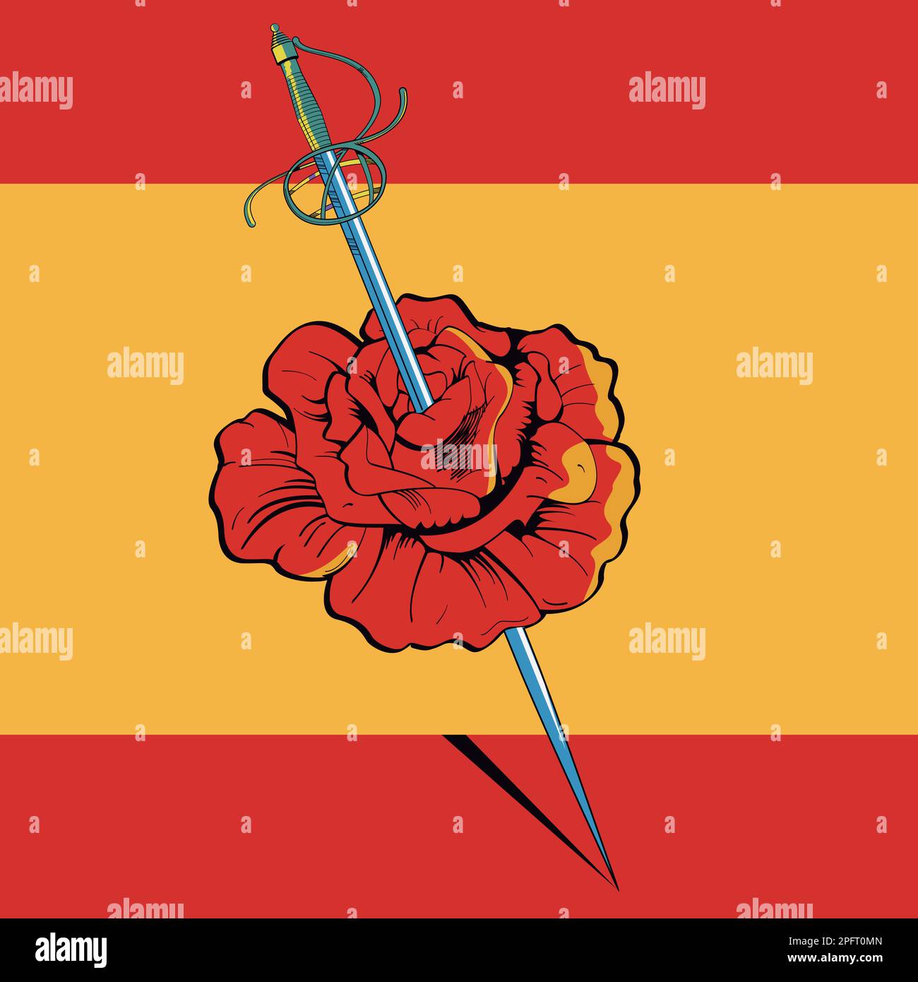 vector illustration of a rose crossed by a sword on the Spanish flag