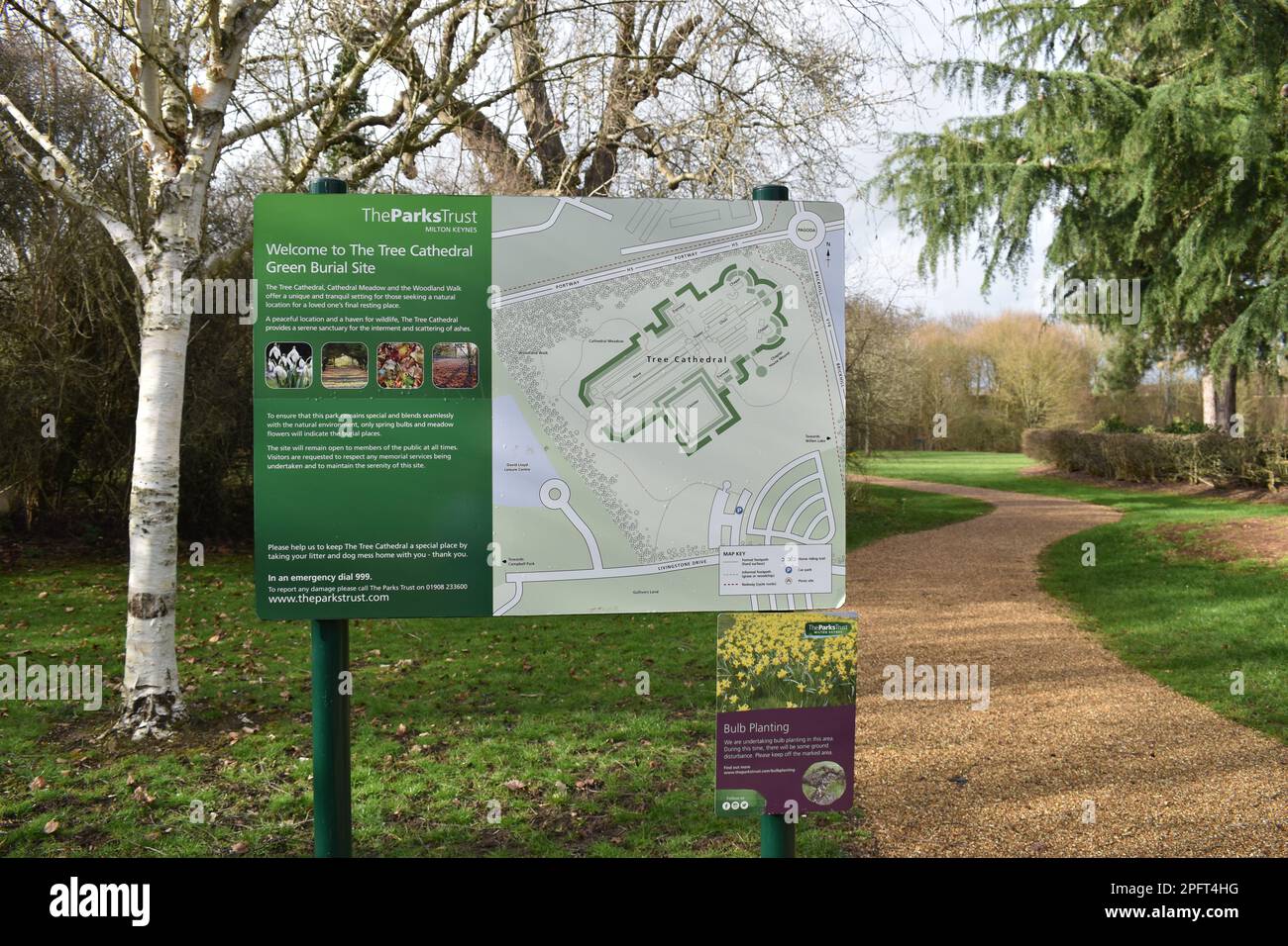 A sign for the Green Burial Site at The Tree Cathedral in Milton Keynes. Stock Photo